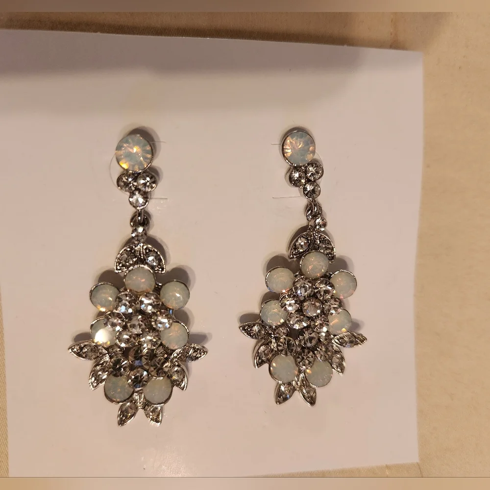 Belle Aire Earrings, Opal Crystal Rhinestone, Silver Tone, New, Wedding, Bridal